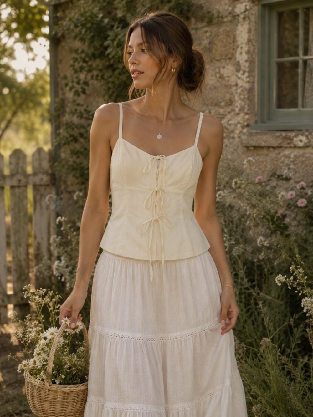 Mabel Butter Yellow Lace Up Front Tie Top Small NWT Cottagecore Romantic Summer